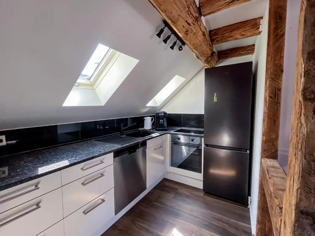 Apartment-Küche mit Kühlschrank und Kochfeld im stattHotel Zürich